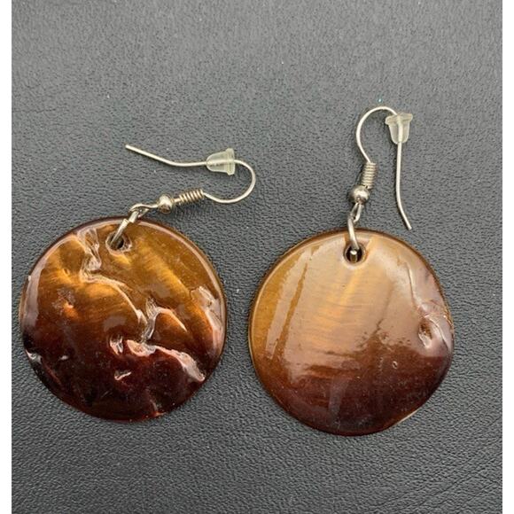 Brown Ombré Iridescent Painted Shell Dangle Earrings Great Fall Color Boho - Picture 1 of 4